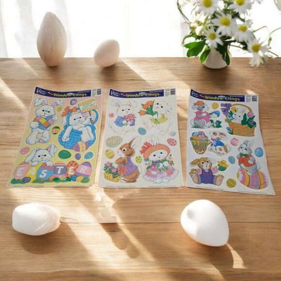 Vintage Easter Static Cling Window Bunny‎ Rabbit Basket Egg Holiday 3 Sheets - Picture 1 of 8
